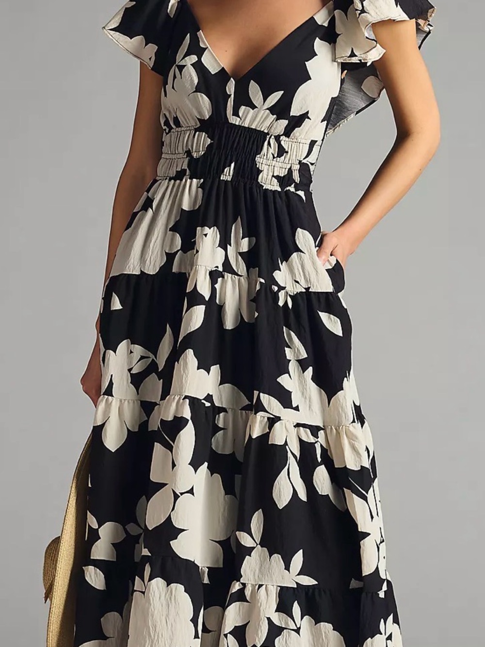 Anthropologie The Silverlake Flutter Sleeve Floral Black and White Maxi Dress